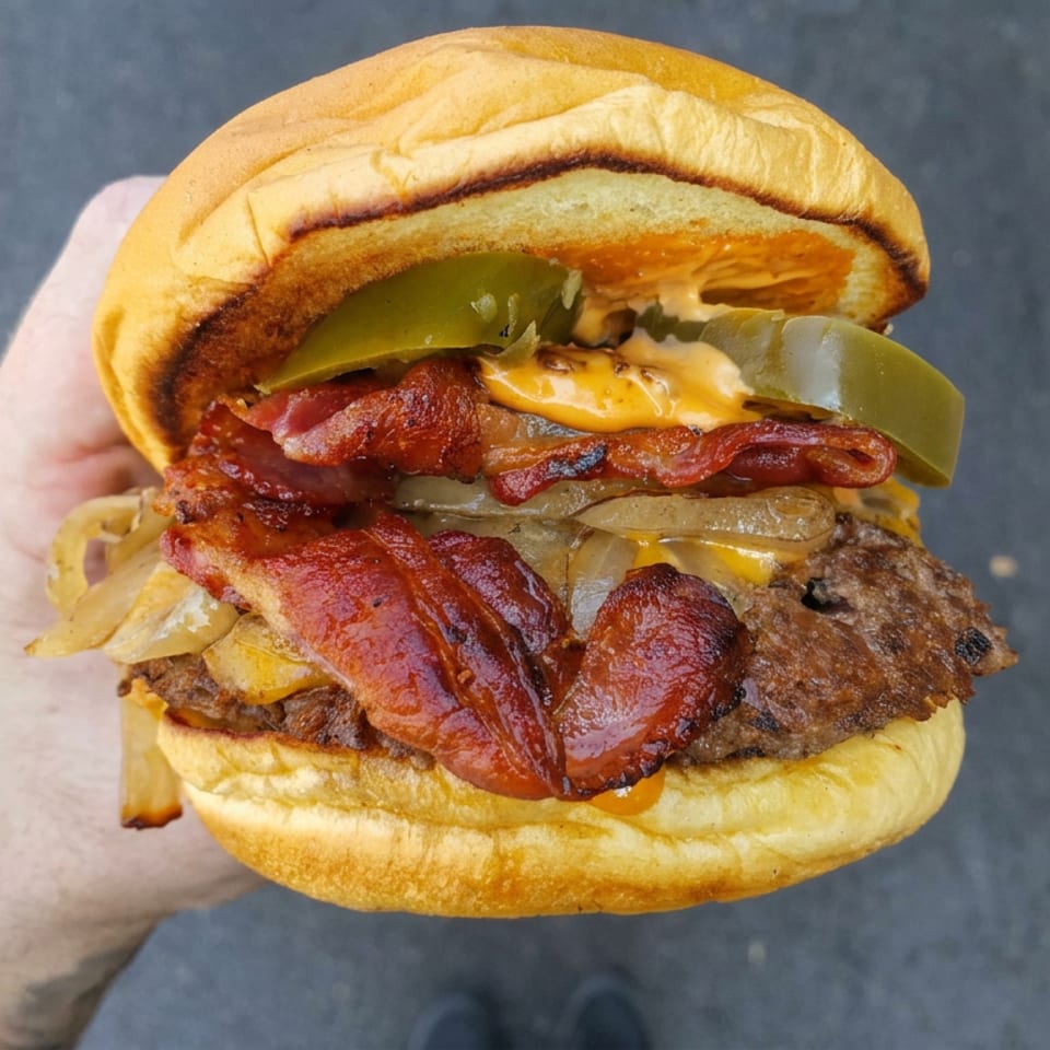 Hand holding a loaded cheeseburger with bacon, jalapeños, grilled onions, and melted cheese.