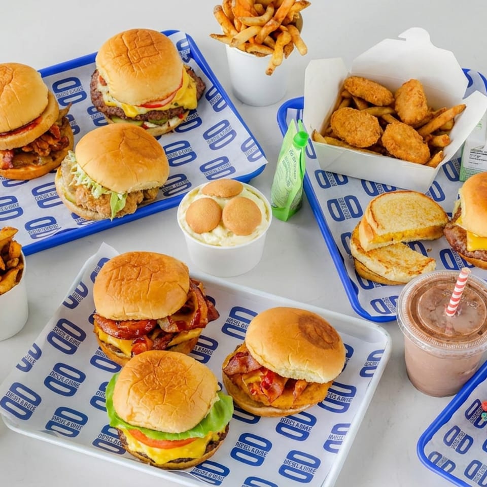Assortment of burgers, fries, chicken nuggets, loaded fries, milkshakes, and colorful desserts arranged on branded trays.