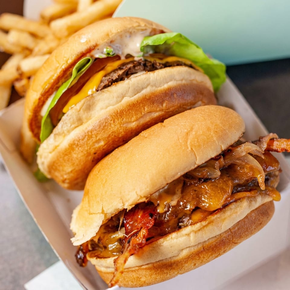 Two cheeseburgers with lettuce, caramelized onions, bacon, and fries served in a paper tray.