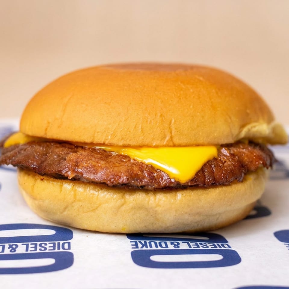 Cheeseburger with a beef patty and melted cheddar on a toasted bun, displayed on branded Diesel & Duke paper.